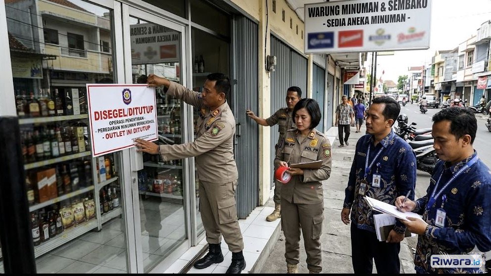 ilustrasi penutupan outlet miras ilegal dibuat dengan bantuan Gemini AI